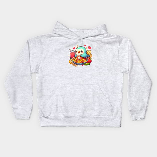 cute love birds are eating Mexican specialties, Tacos, Burritos, Enchiladas, Quesadillas, Guacamole, Fajitas, Chiles Rellenos, Tamales, Mole, Chilaquiles, Kids Hoodie by art poo